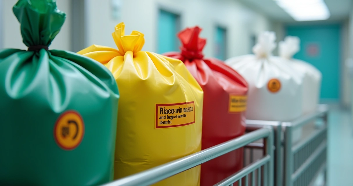 Etiquetas coloridas identificando tipos de resíduos em sacos hospitalares 