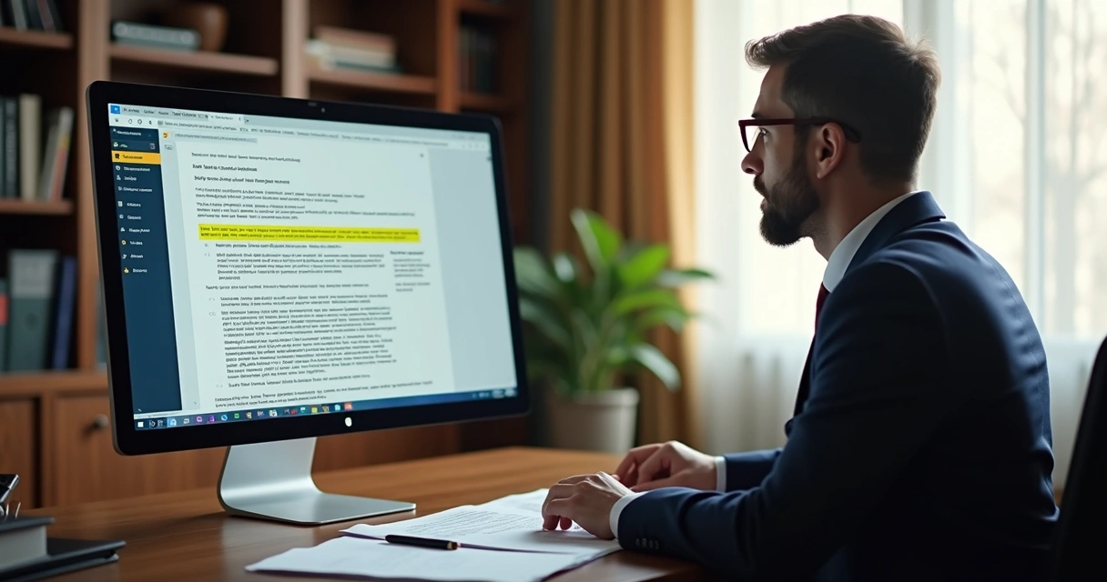 Advogado analisando cláusulas contratuais em tela de computador 