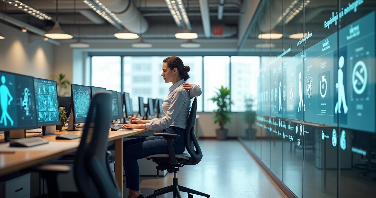 Colaborador analisa postura em estação de trabalho, identificando riscos ergonômicos e psicossociais