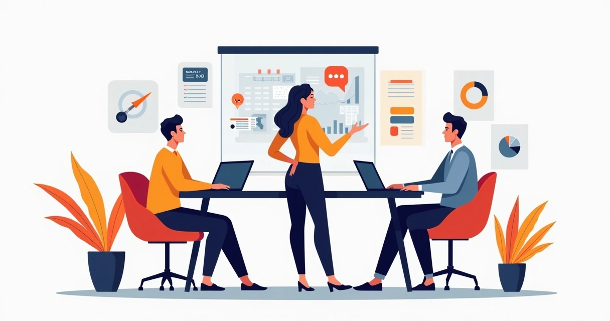 Equipe reunida com destaque em membro se destacando em apresentação, gestos de aprovação ao redor 