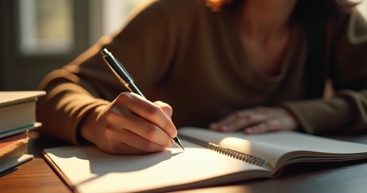 Persona escribiendo en diario personal con luz tenue y expresión reflexiva