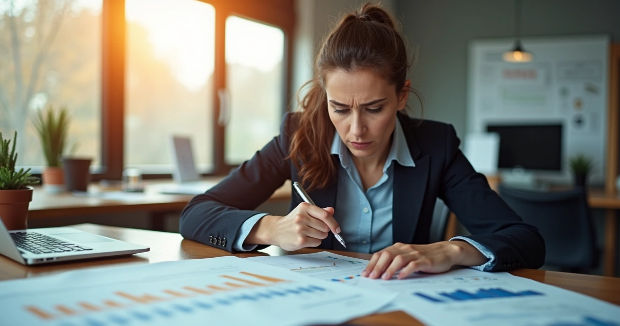 Empresária preocupada analisando gráficos negativos em escritório 