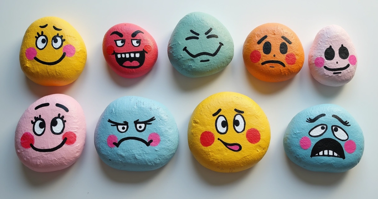 Caras pintadas en pequeñas piedras mostrando diferentes emociones 