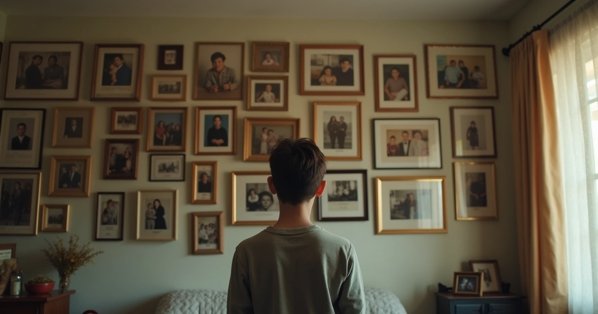 Pessoa olhando para parede com fotos antigas de família, expressão pensativa