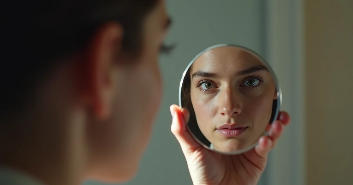 Pessoa observando o próprio reflexo em busca de autopercepção 