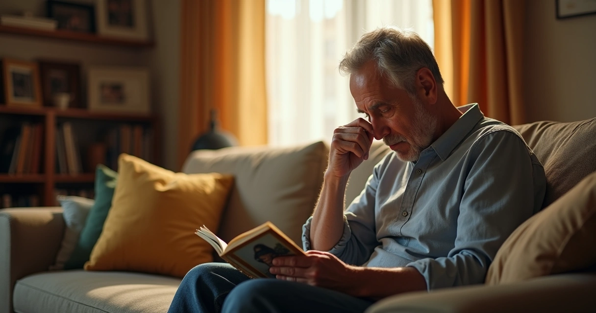 Persona reflexionando sola en una habitación cálida con álbumes de fotos familiares. 