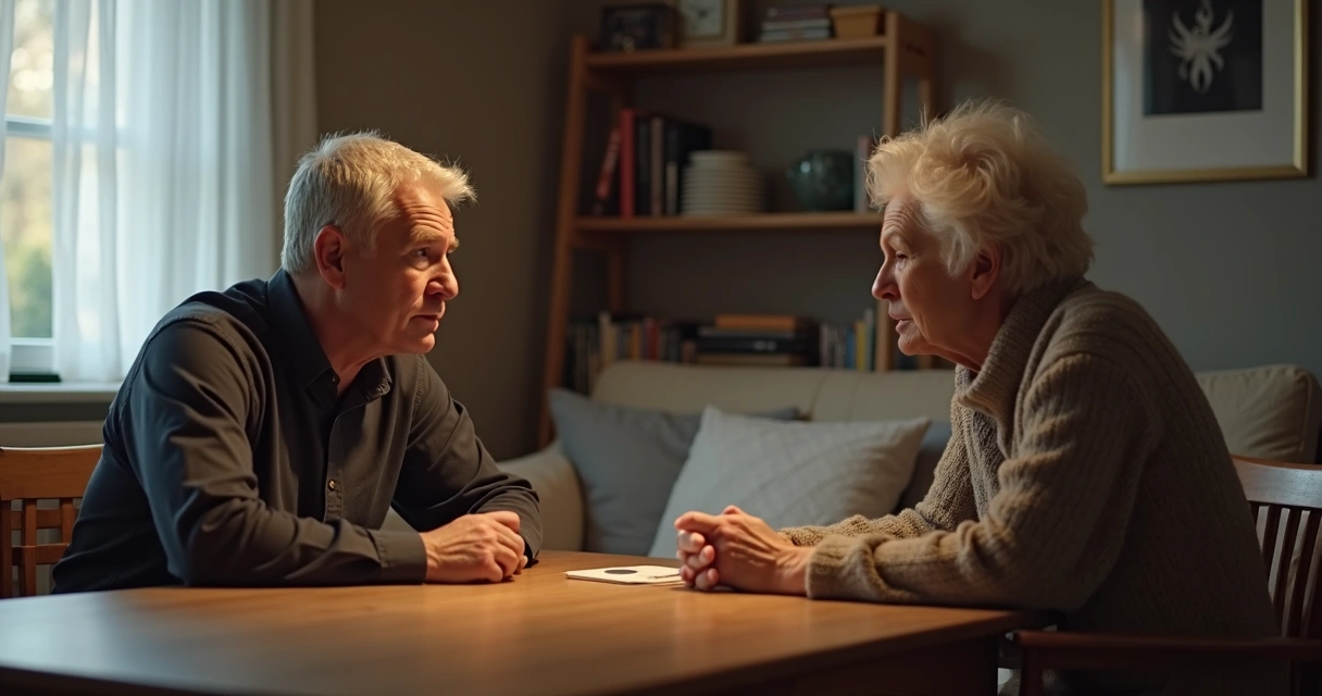 Two people sitting across a table having a serious conversation, both looking thoughtful 