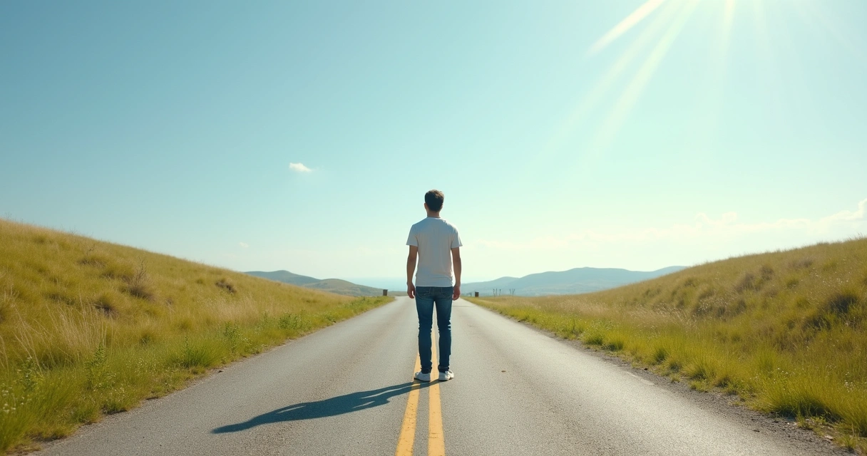 Person standing at a forked path under clear sky, with one side paved and straight, and the other winding and grassy.
