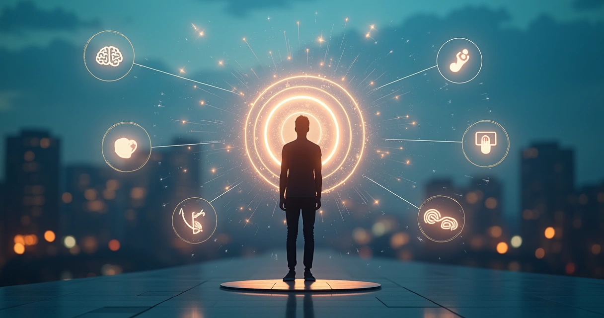 Human silhouette surrounded by symbolic identity anchors in a futuristic cityscape 