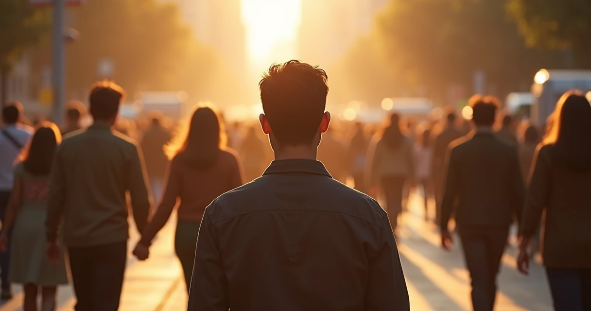 Person standing between family group and city crowd