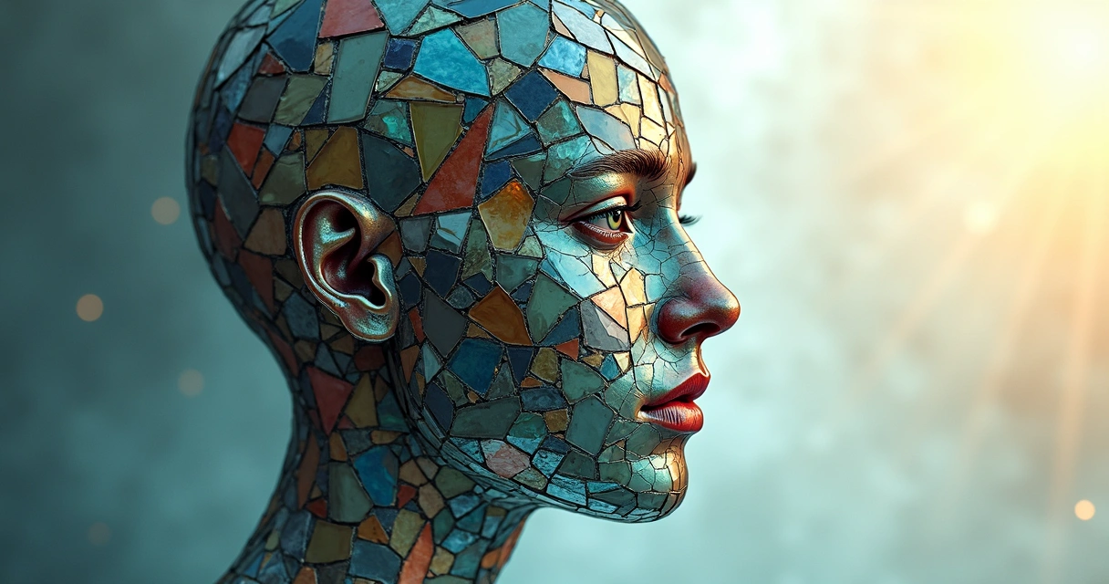 Stained glass human face reassembling into a whole head 