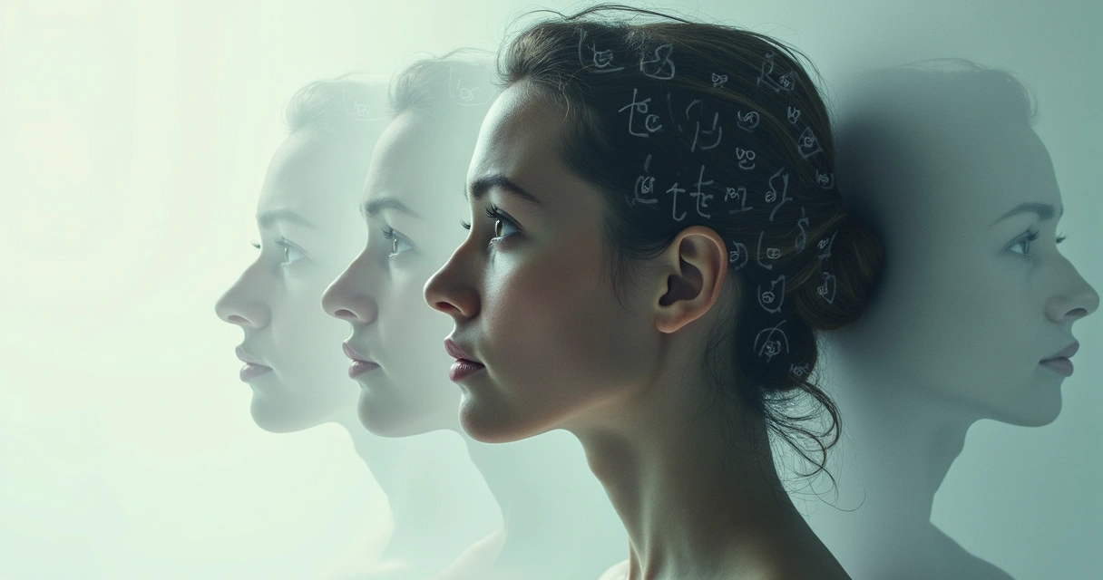 Overlay of a human face with transparent layers representing identity 