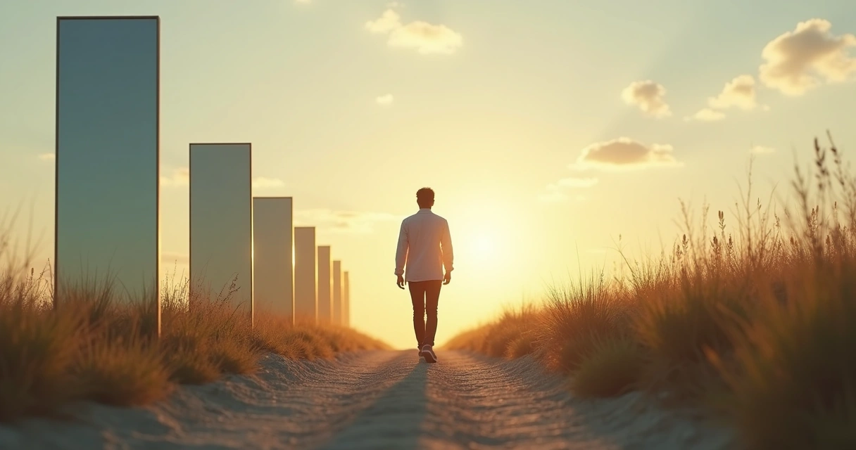 Person walking along a path lined with mirrors reflecting different versions of themselves 