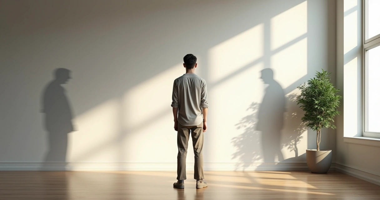 Person standing before overlapping silhouettes symbolizing identity and adaptive roles 