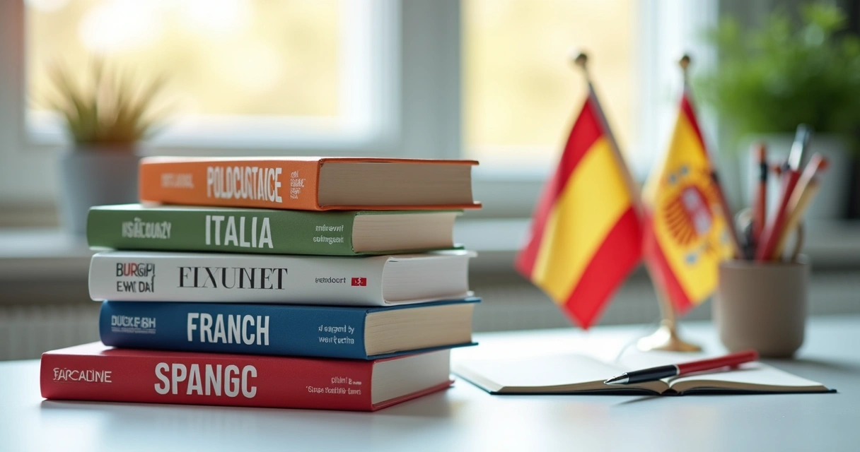 Livros de idiomas inglês, italiano, francês e espanhol lado a lado 