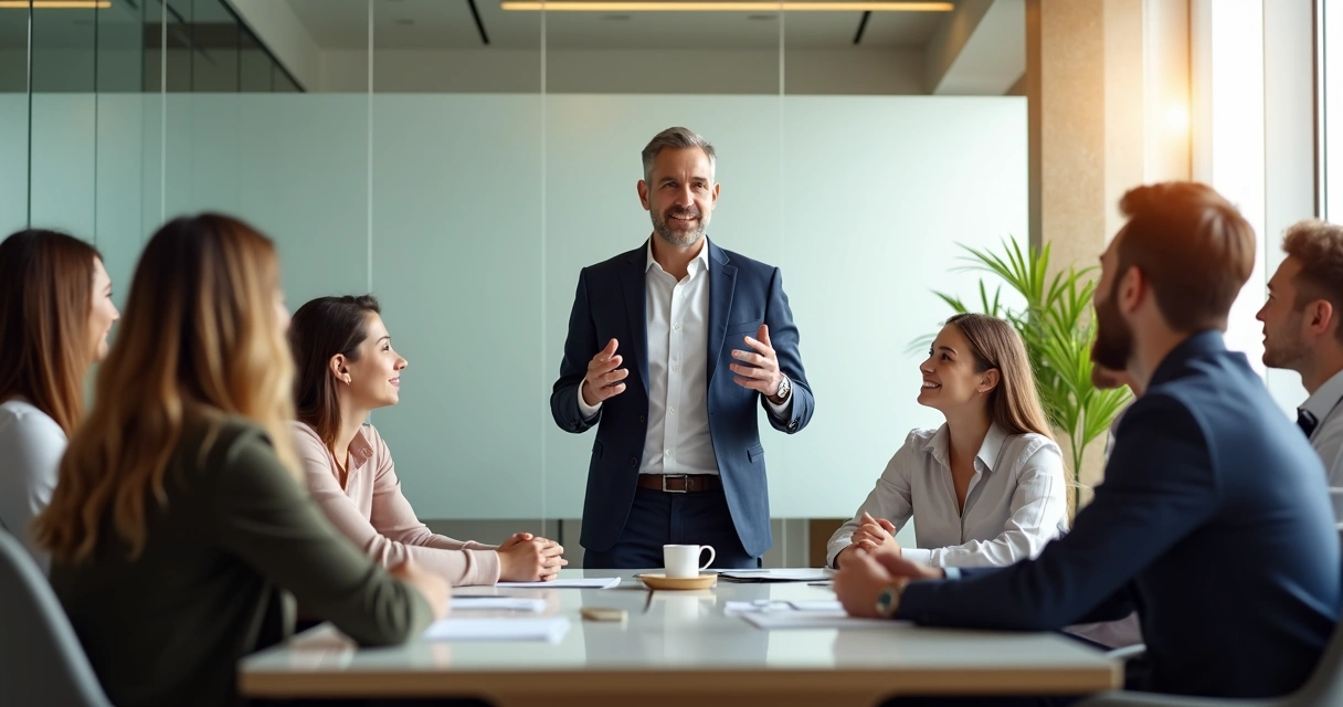 Equipe reunida olhando líder com admiração, ambiente corporativo moderno 
