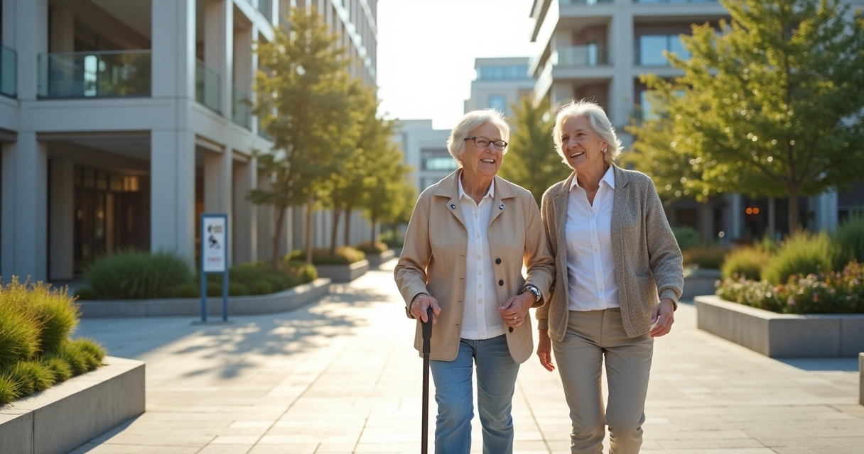 Idosa acompanhada por cuidadora em espaço amplo com jardins e rampas 
