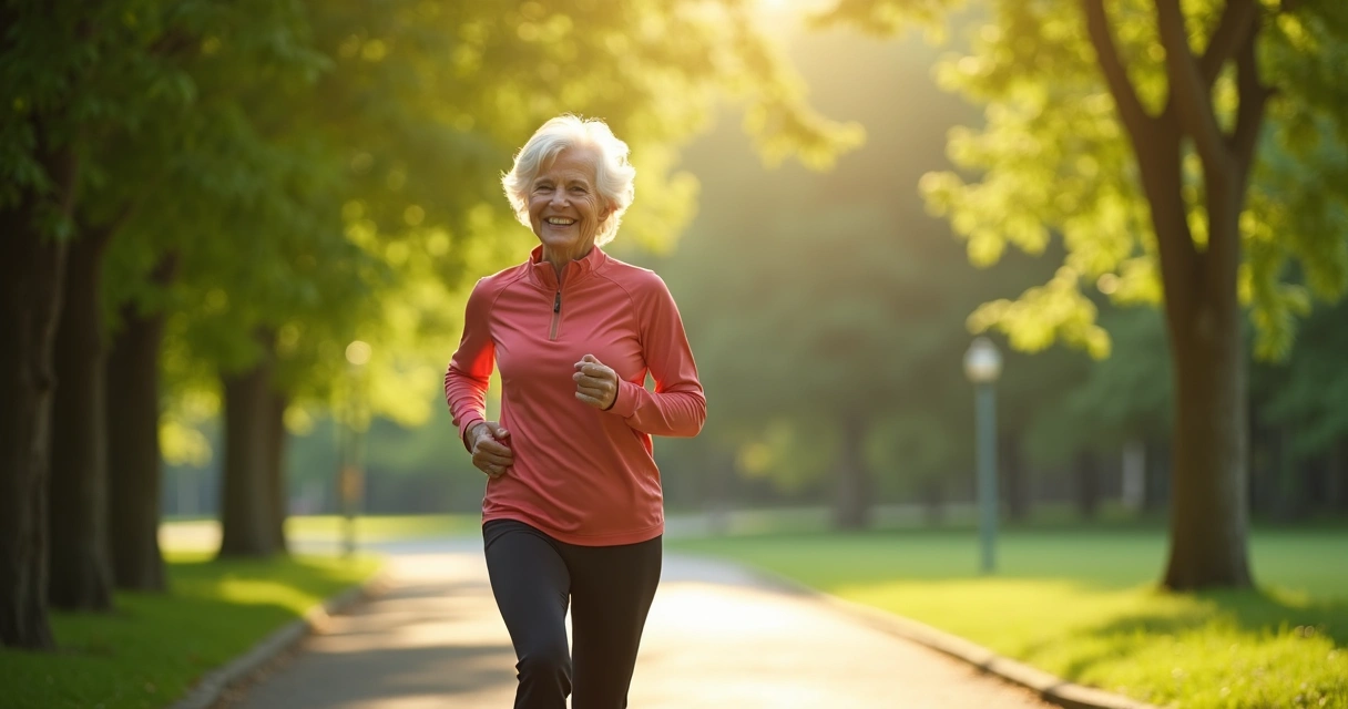 Idosa caminhando feliz em parque arborizado.