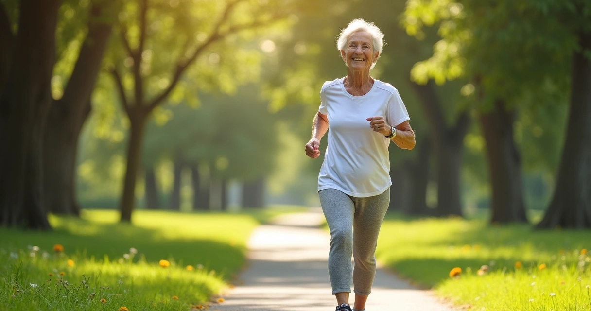 Idosa sorridente caminhando ao ar livre, demonstrando vitalidade após tratamento reumático