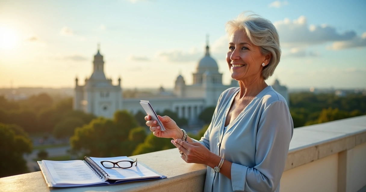 Idosa observando cartão de plano de saúde com vista de Brasília ao fundo 