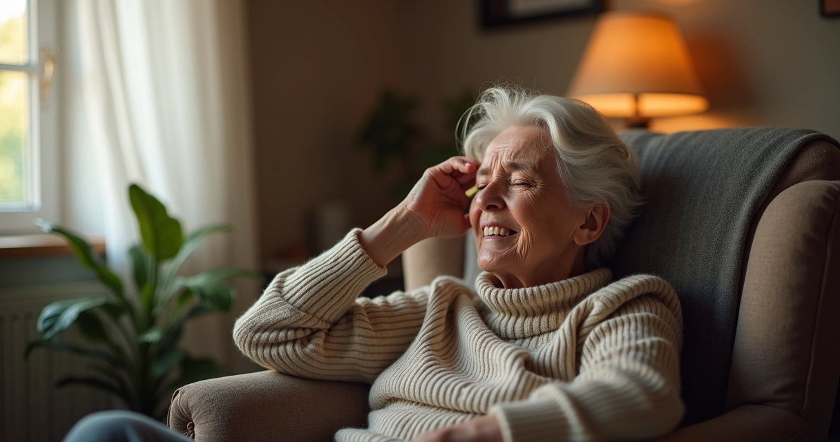 Idosa sentada em poltrona segurando cabeça com expressão de dor 