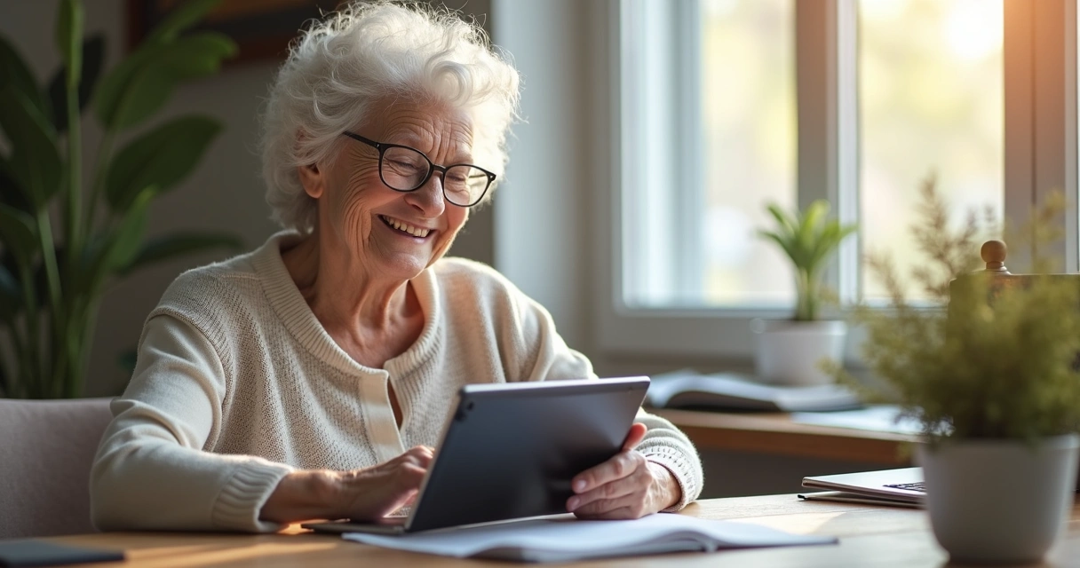 Mulher idosa sorrindo ao usar tablet para publicar um ebook 