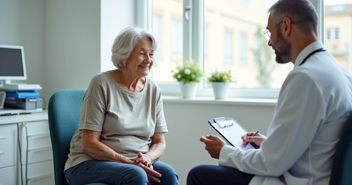 Idosa em consulta médica fazendo perguntas ao doutor 