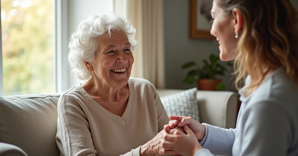 Idosa segura pela mão de familiar em casa, sorrindo 