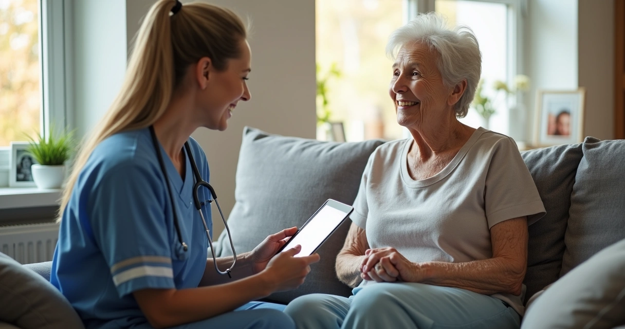 Idosa recebendo atenção personalizada de profissional de saúde em casa