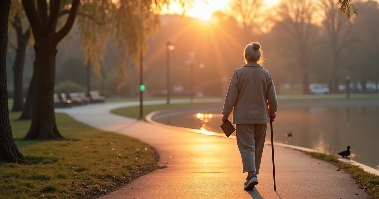 Idosa caminhando em parque ao nascer do sol com luz suave em volta 