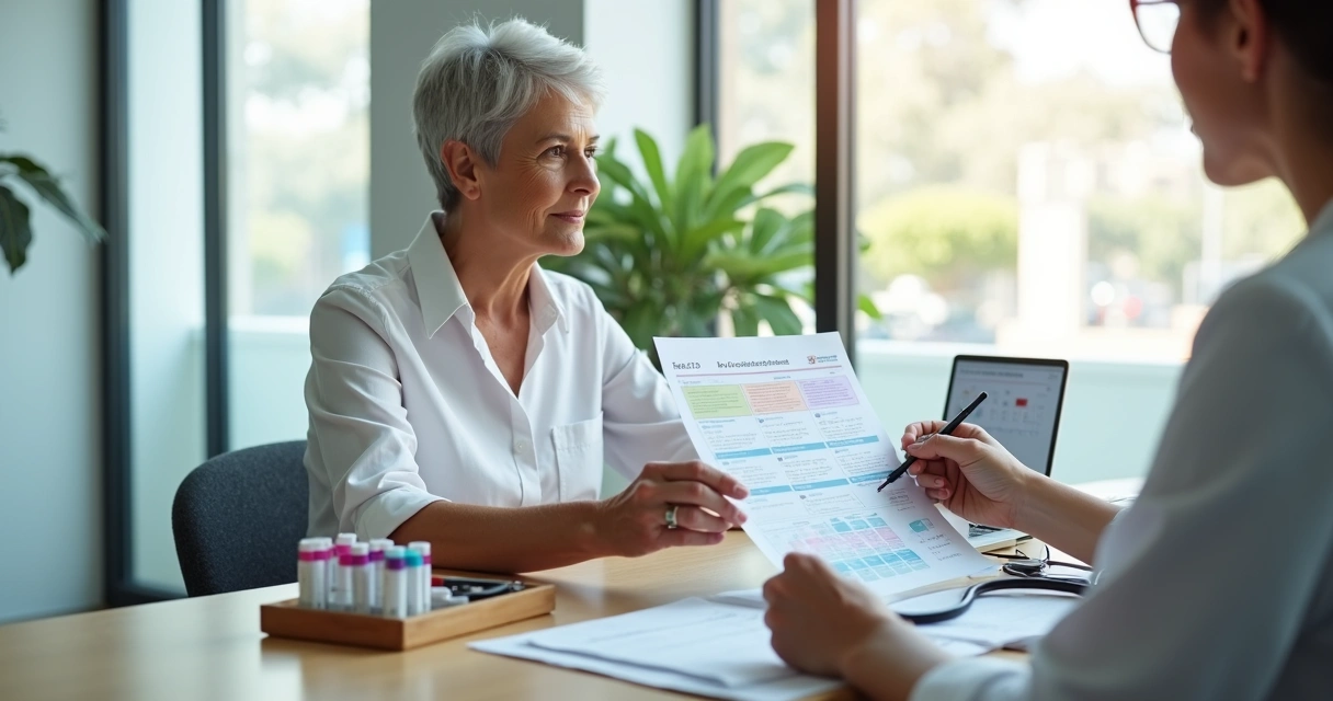 Idosa analisando resultados de exames laboratoriais em consultório moderno 