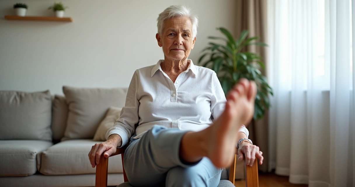 Idosa realizando extensão de joelho sentada em cadeira 