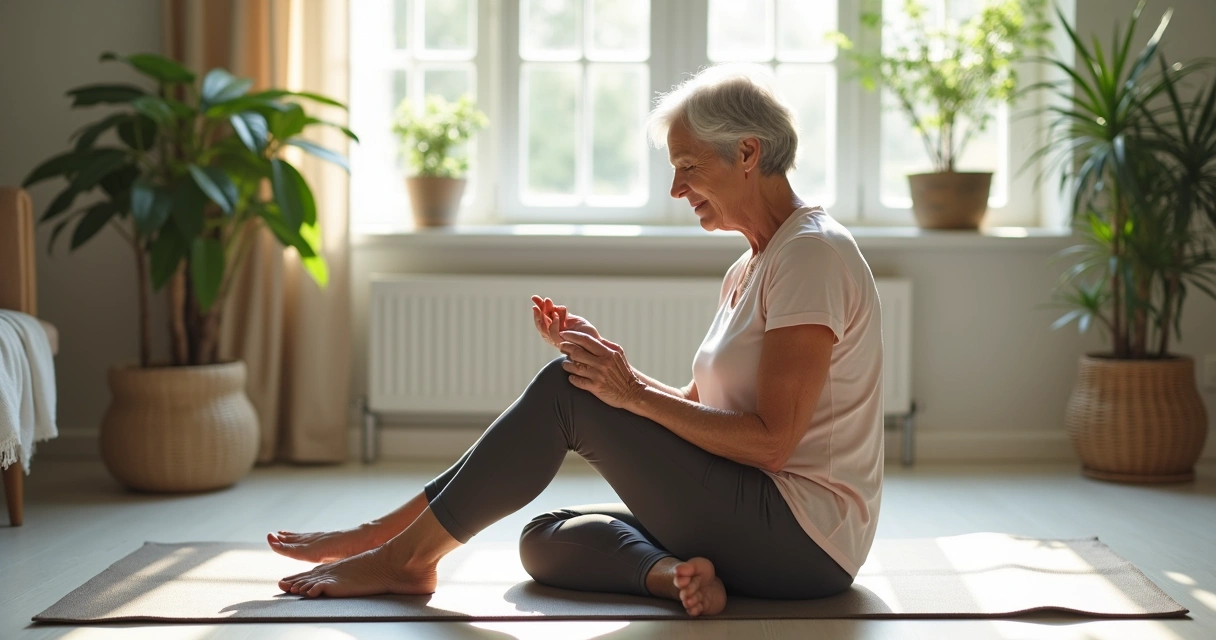 Idosa sorridente fazendo exercício pélvico na sala