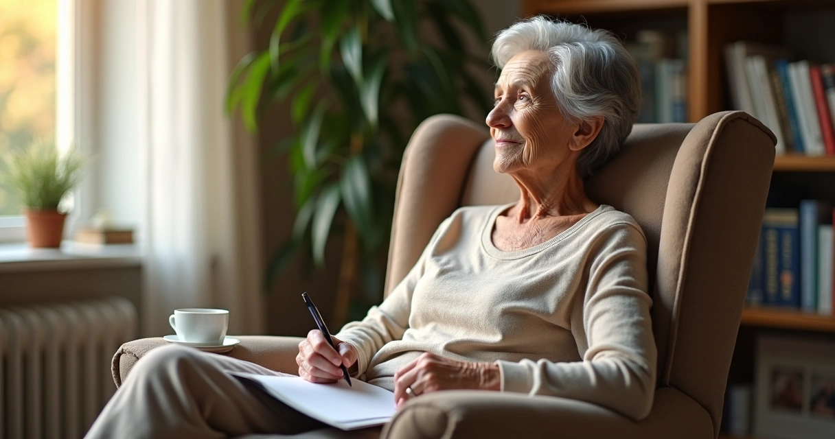 Mulher idosa sentada perto da janela em postura serena de reflexão 