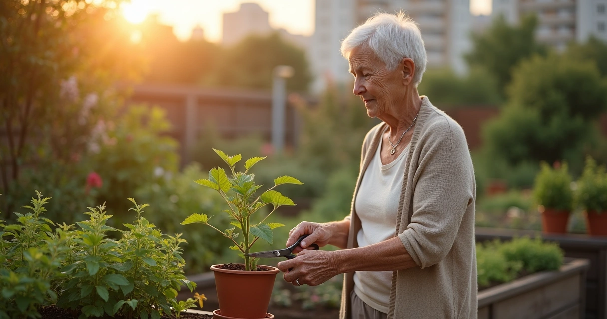 Mulher idosa em jardim cuidando de plantas ao amanhecer 