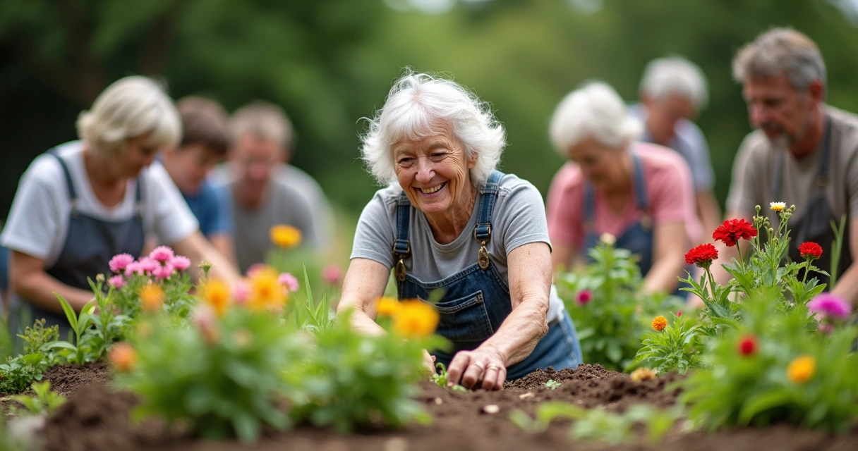 Idosa sorridente cuidando de plantas junto a grupo de pessoas 