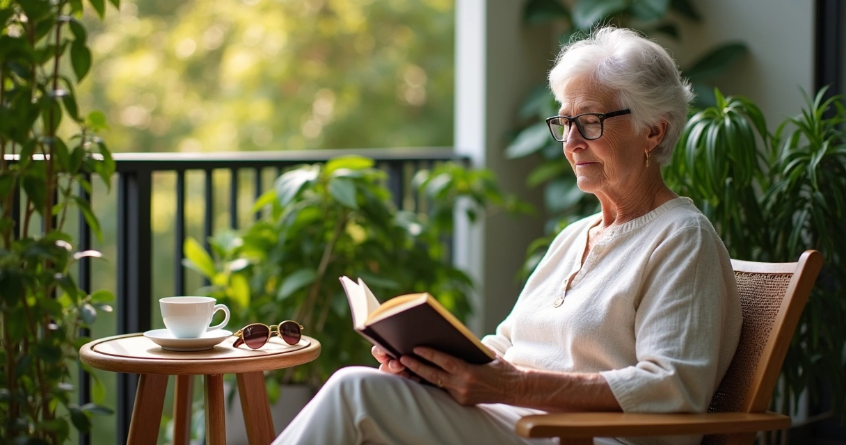Idosa lendo livro em uma varanda ensolarada com plantas ao fundo 