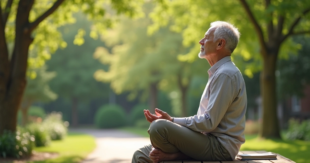 Pessoa idosa sentada em banco praticando meditação em jardim