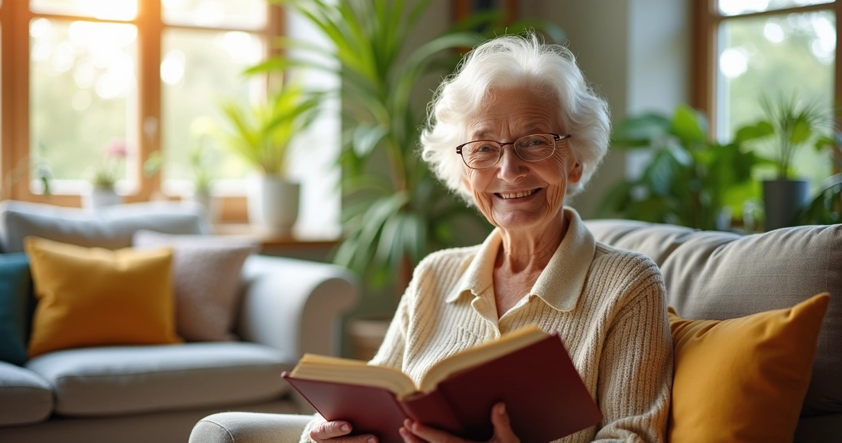 Idosa com expressão feliz segurando livro na sala de estar 