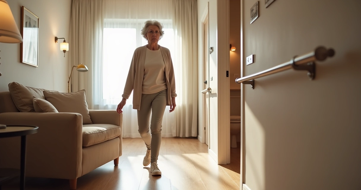 Idosa caminhando com segurança em sala adaptada para prevenir quedas 