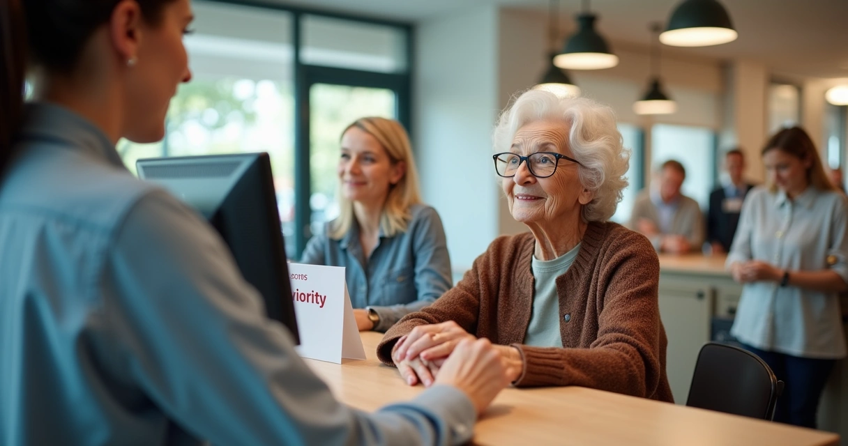 Pessoa idosa sendo atendida com prioridade em agência bancária. 