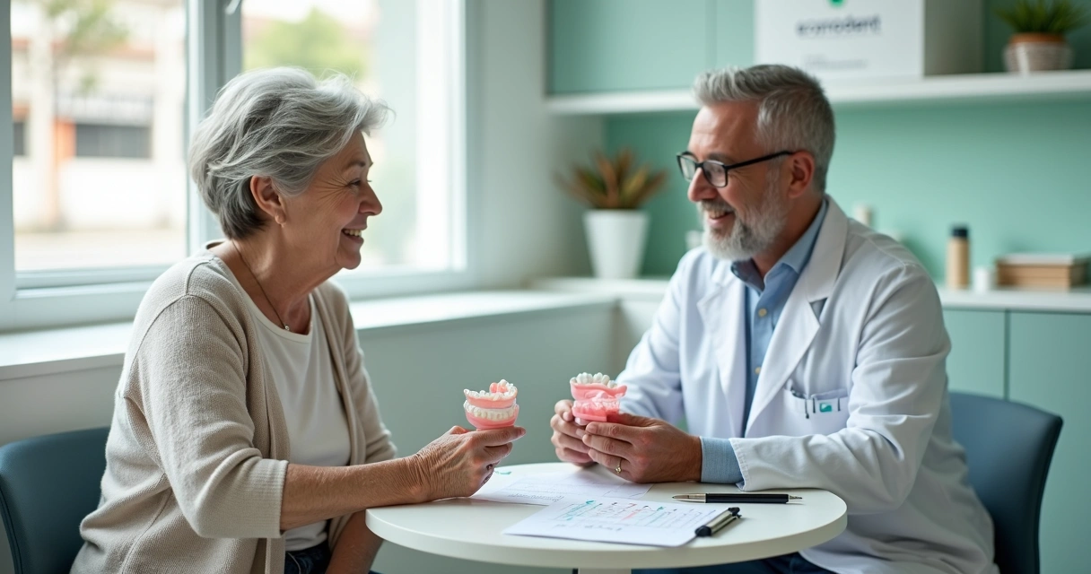 Idosa em consulta odontológica recebendo orientação sobre prótese flexível 