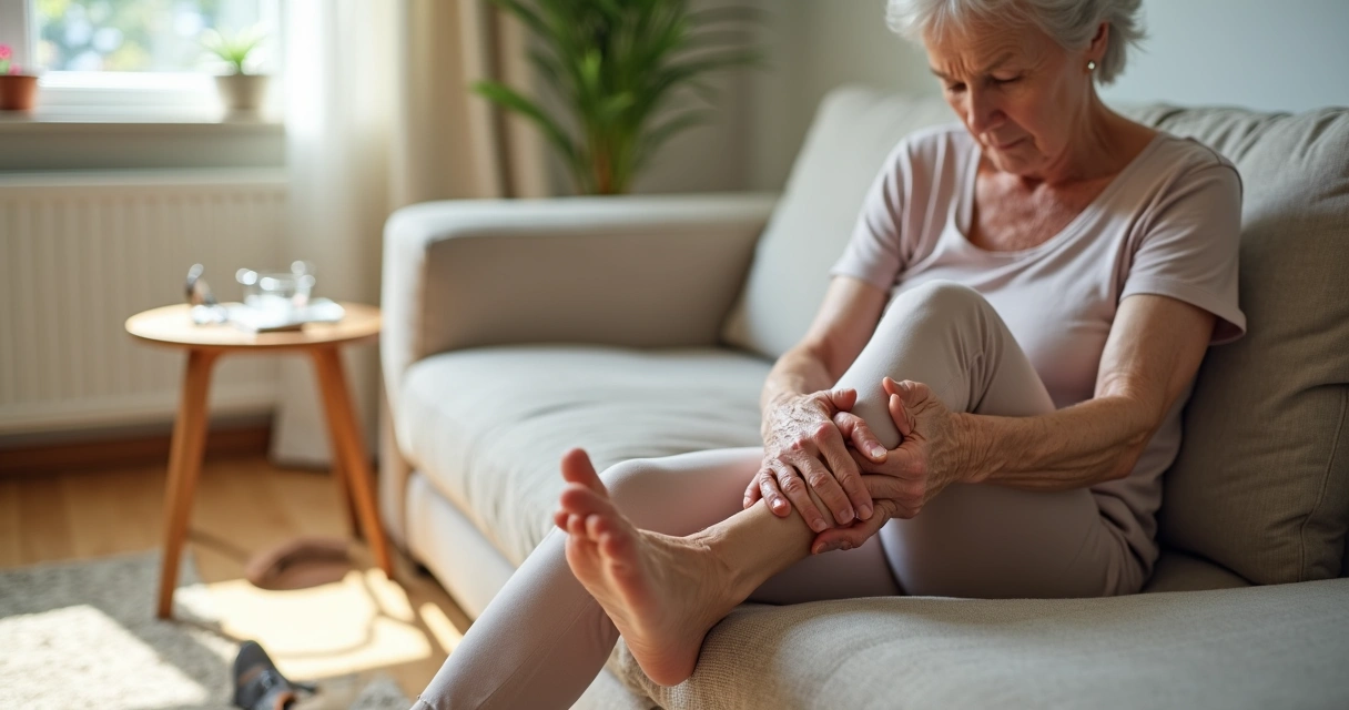 Mulher idosa sentada segurando a região do antepé com desconforto entre os dedos. 