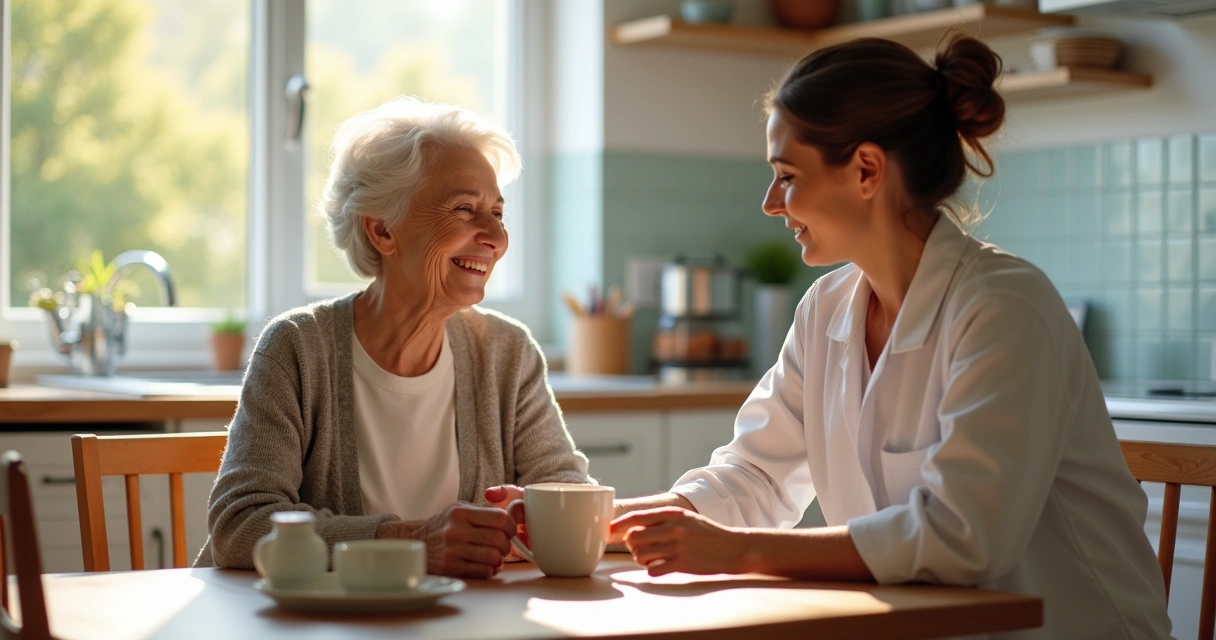 Idosa sorrindo sentada à mesa com cuidadora ao lado 