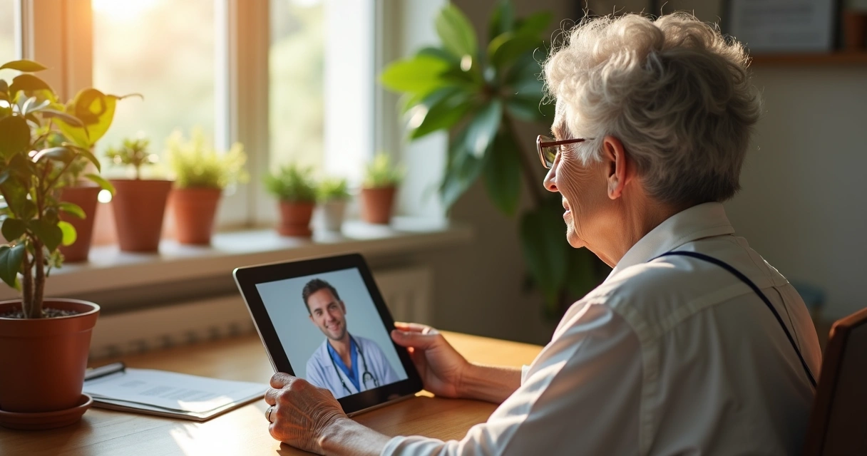 Idosa usando tablet em teleconsulta médica 