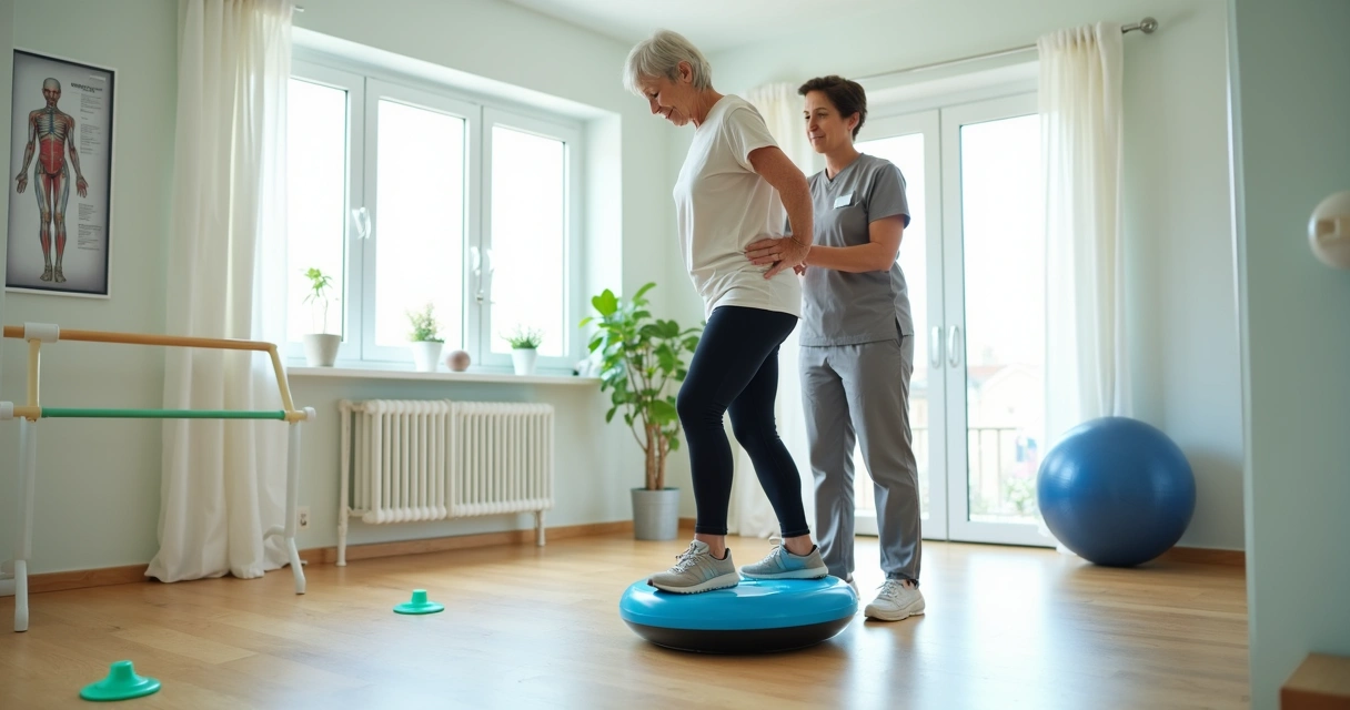 Idosa treinando equilíbrio sobre bosu com apoio de fisioterapeuta 