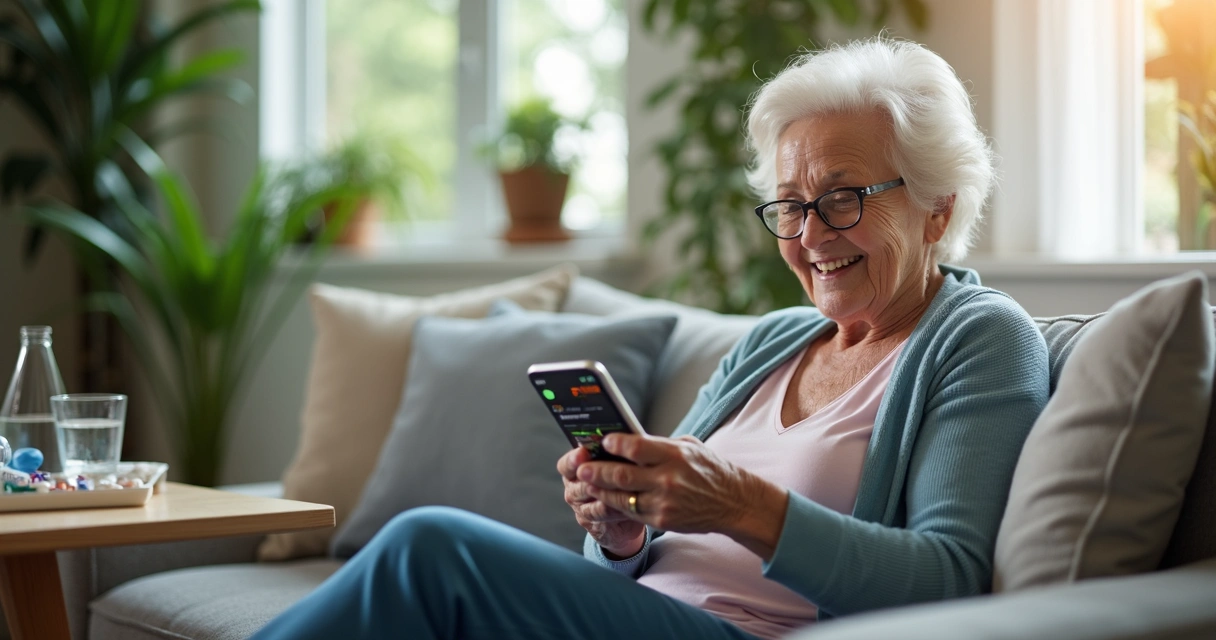 Idosa mexe no celular enquanto aplicativo de saúde mostra gráficos coloridos na tela 