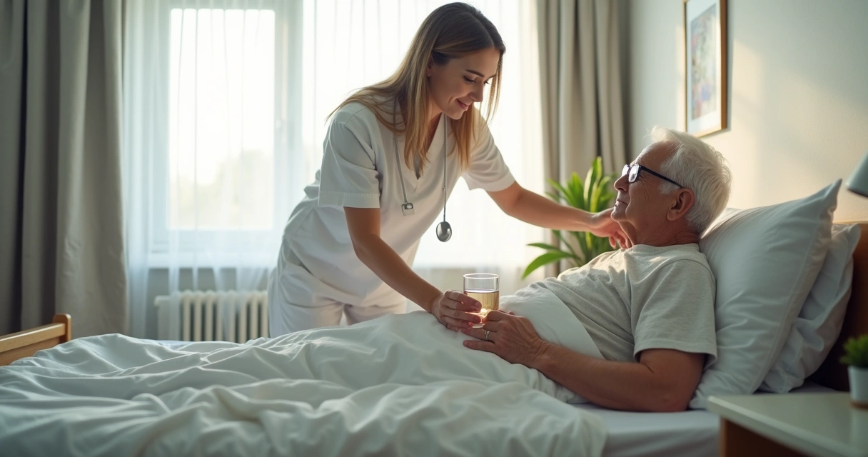 Cuidadora auxiliando idoso acamado, ambiente de quarto claro 