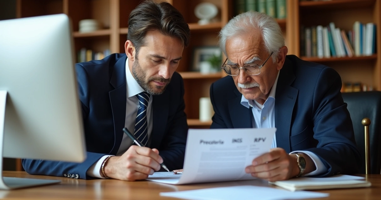 Advogado orientando idoso sobre documentos do INSS.