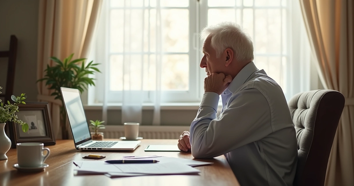 Homem idoso sentado olhando pela janela, em sua mesa, esperando resposta de precatório 